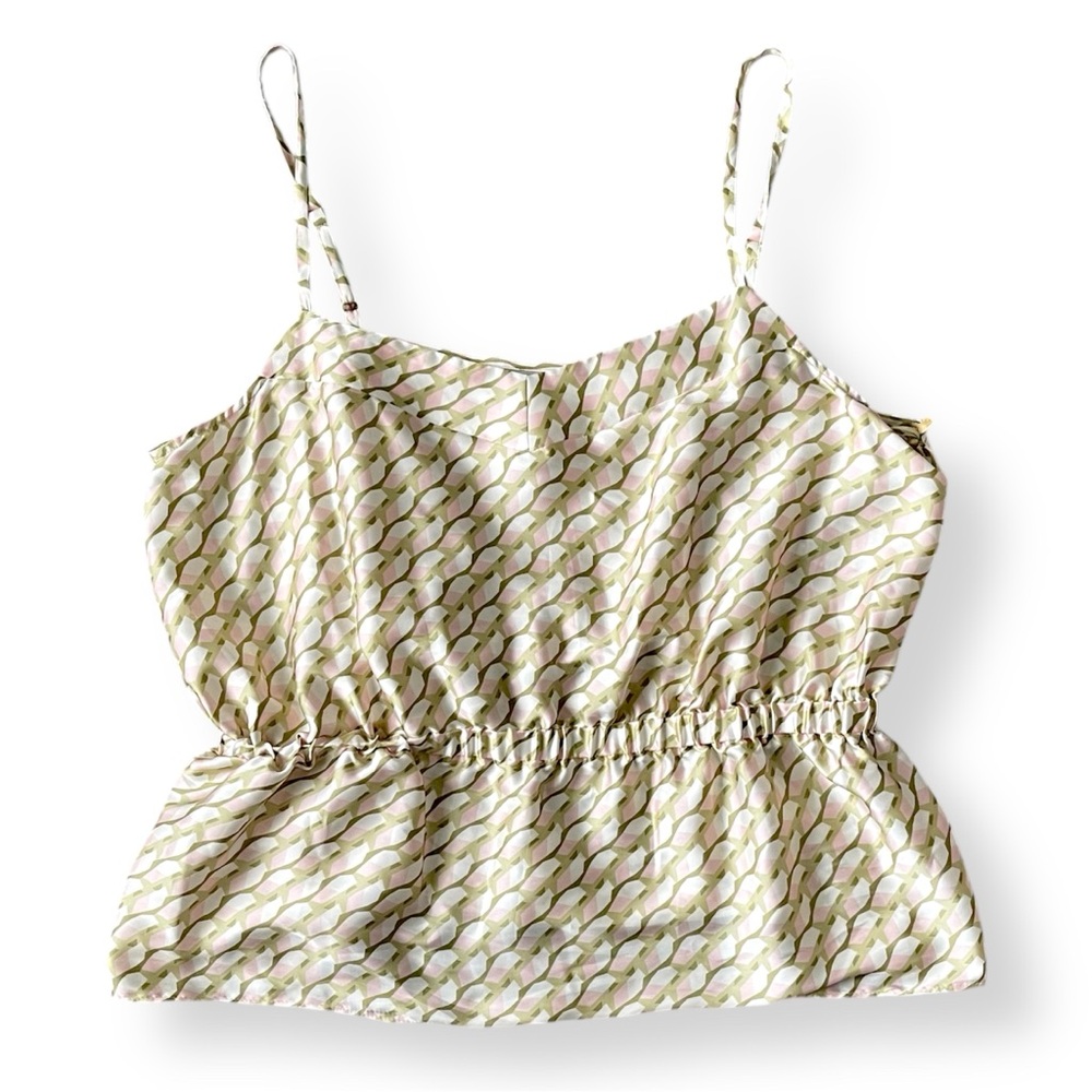 Babydoll Top Geometric Peplum Pink Coquette Cinched Cami Bubble Hem - Ryegrass - Picture 2 of 7